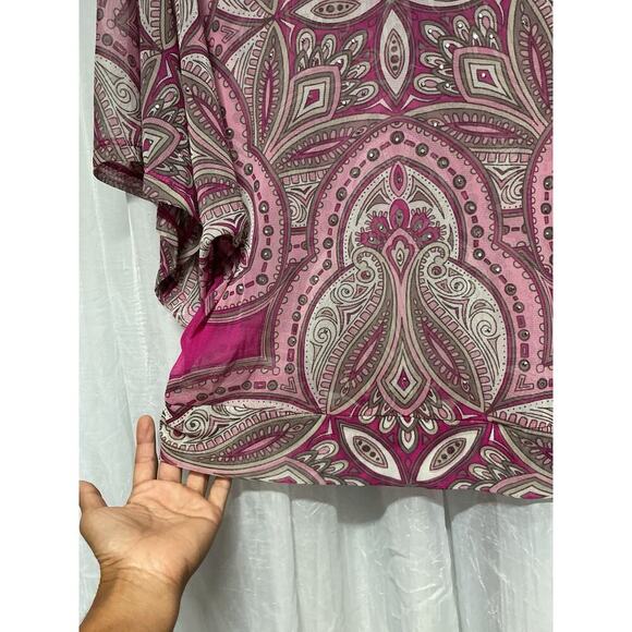 Y2K Sheer Pink Paisley Mesh Rhinestone Top Batwing Embellished Blouse Small INC - Picture 2 of 7
